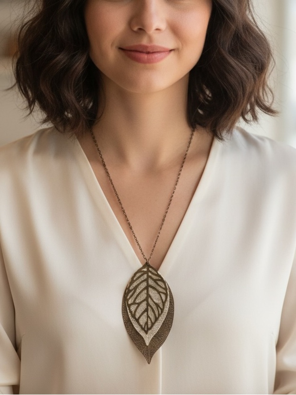 Mixed Metal Leaf Pendant Necklace - Adjustable Chain Women Jewelry